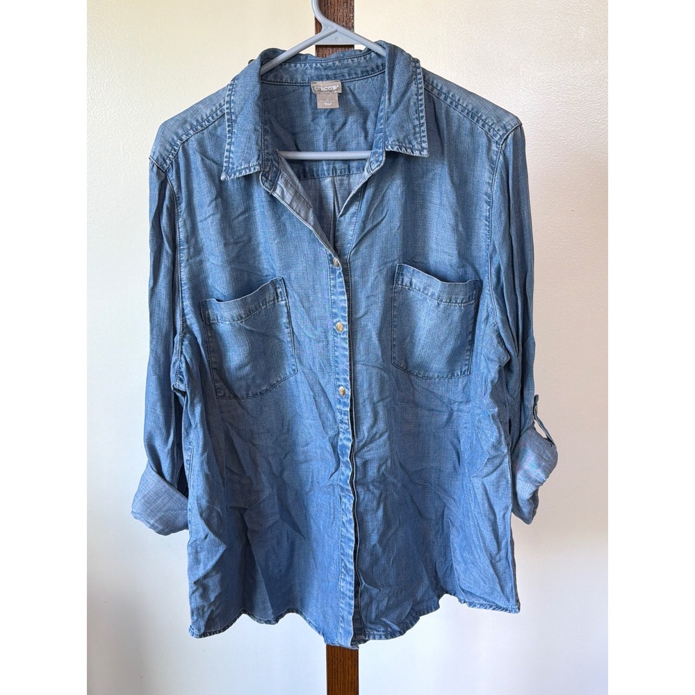 Chicos Blue Tencel Lyocell Chambray Button Down Shirt 3 Roll Tab Coastsl Grandma